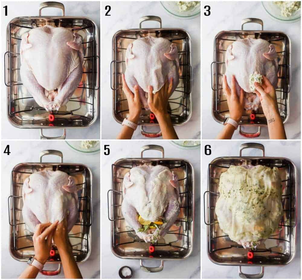 Step by step photos showing a turkey being prepared for roasting