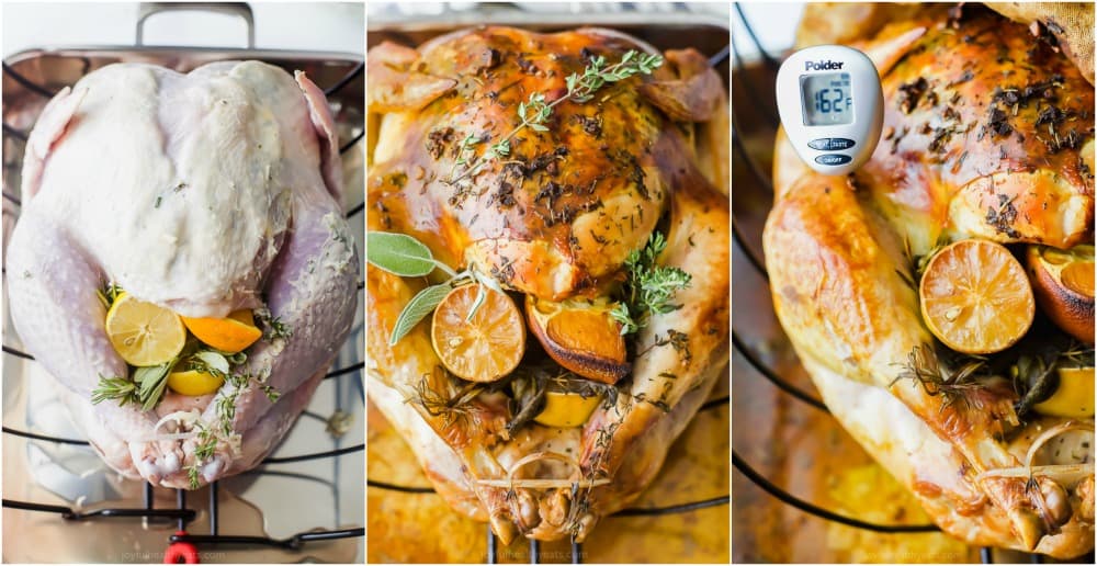 Collage showing raw and roasted turkey with a meat thermometer show the done temperature