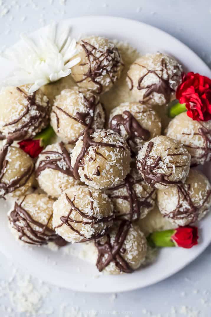 overhead photos of gluten free almond snowball cookies with chocolate drizzle