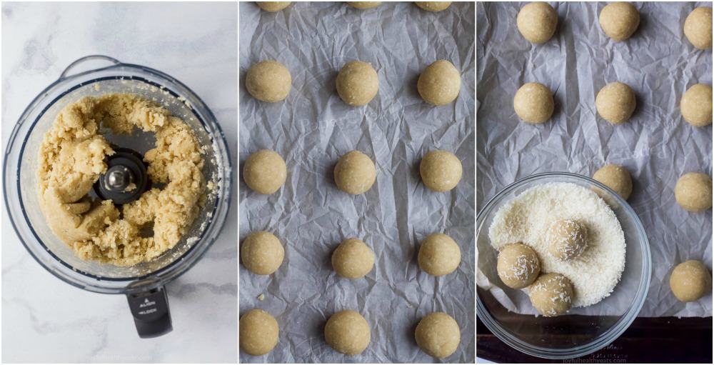 process photos of gluten free almond snowball cookies being made