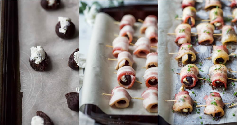 process photos of bacon wrapped figs with herb goat cheese being made