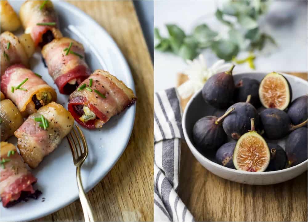 photo of finished bacon wrapped figs and a bowl of fresh figs