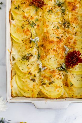 overhead photo of healthy cheesy scalloped potatoes recipe