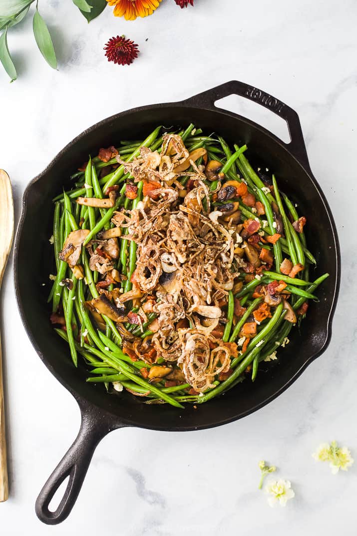 overhead photo of healthy green bean casserole