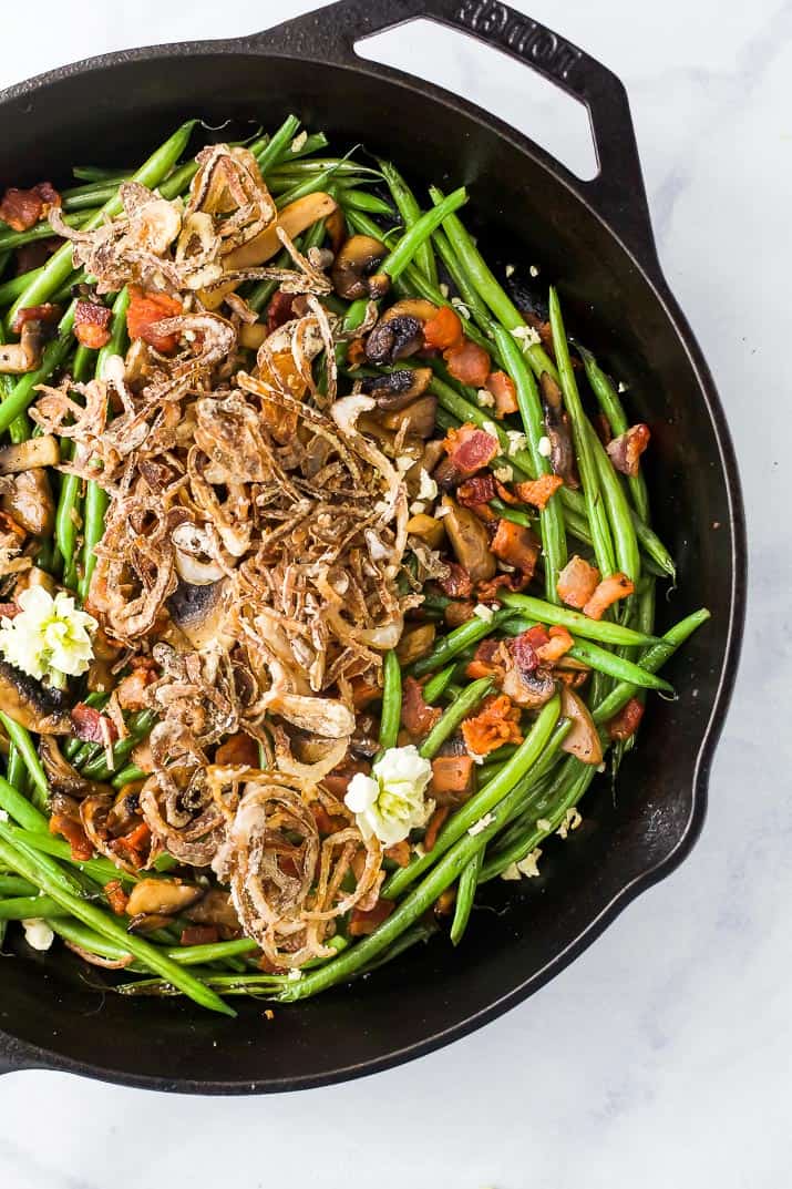 overhead photo of healthy green bean casserole with homemade fried onions