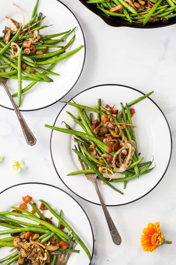 overhead photo of healthy green bean casserole on plates