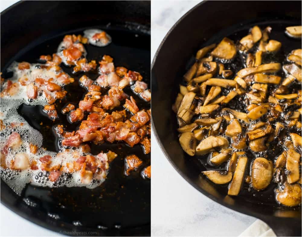 Green Bean Casserole is made with sautéed green beans, savory mushrooms and crispy bacon topped with homemade fried shallots. Pictured alongside the bacon and then the mushroom saute.