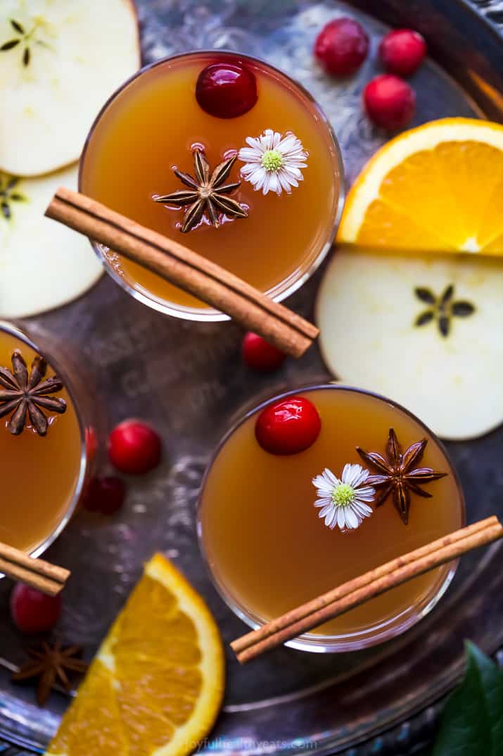 overhead view of hot spiked mulled apple cider recipe in cups