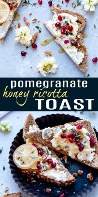 pinterest pin for pomegranate honey ricotta toast
