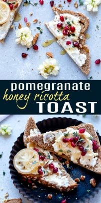 Pinterest photo for pomegranate ricotta toast with recipe name.