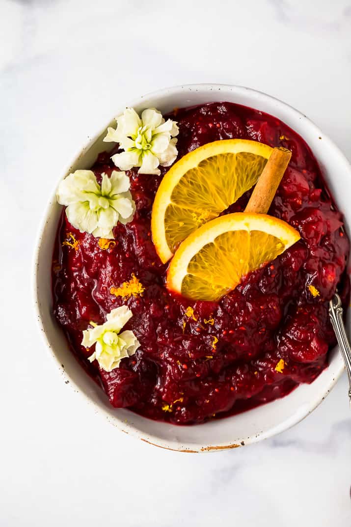 overhead photo of homemade maple cranberry sauce