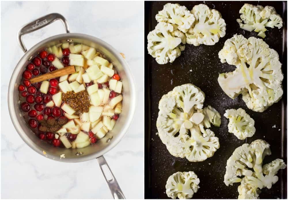 process photos of cranberry apple chutney and roasted cauliflower steaks