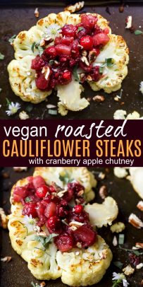 pinterest photo of roasted cauliflower steaks with a cranberry apple chutney