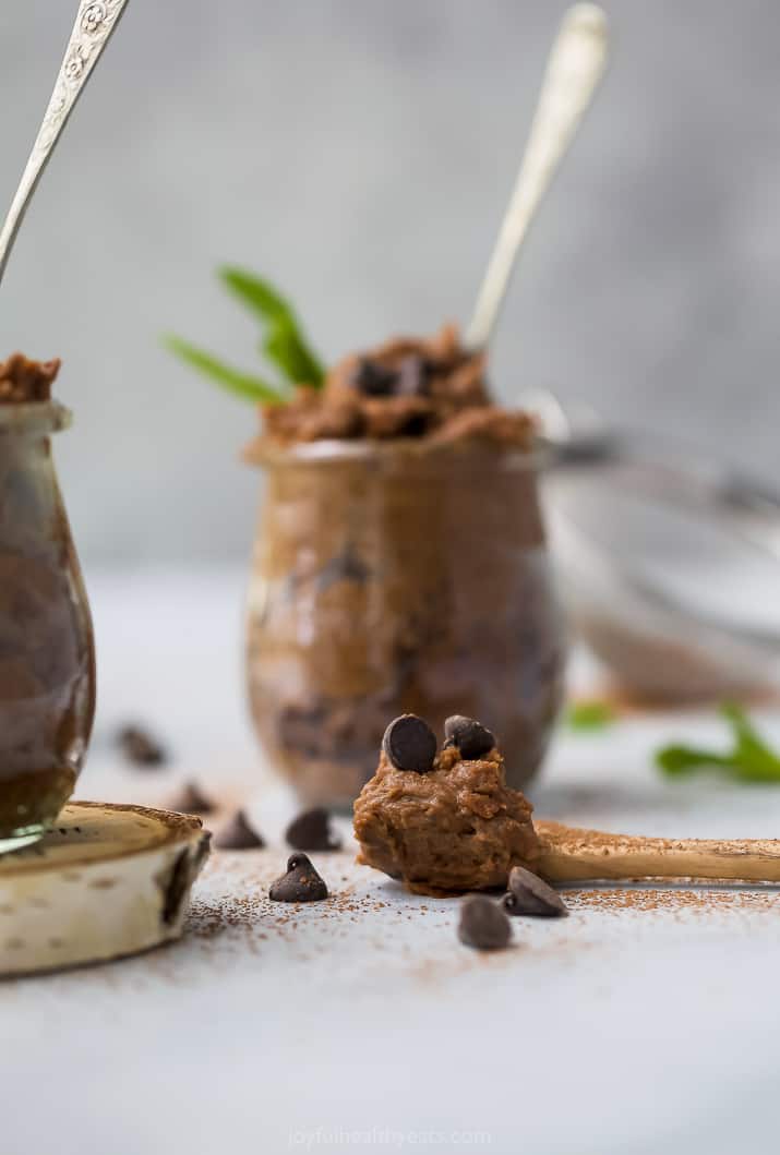 photo of vegan thin mint chickpea cookie dough on a spoon