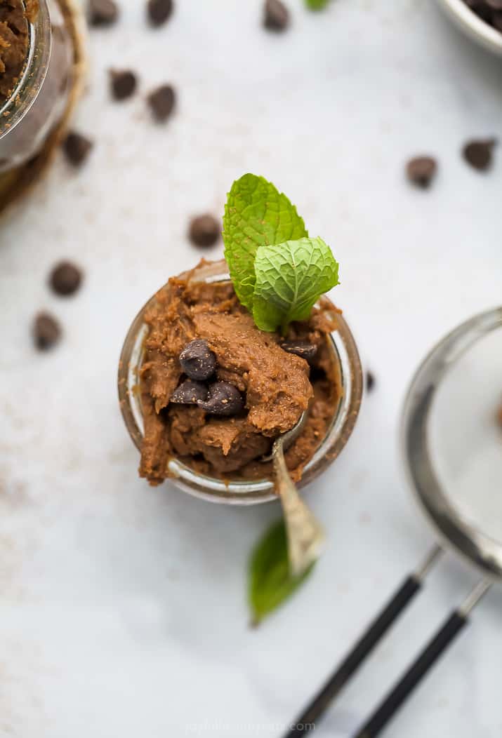 overhead photo of vegan thin mint chickpea cookie dough