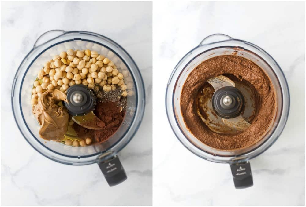 process photos of vegan thin mint chickpea cookie dough in a food processor