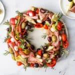 overhead photo of christmas wreath antipasto skewers