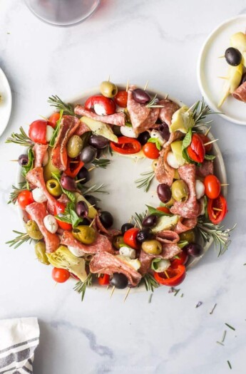 overhead photo of christmas wreath antipasto skewers