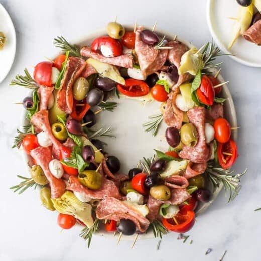 overhead photo of christmas wreath antipasto skewers