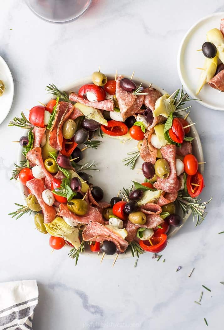 overhead photo of christmas wreath antipasto skewers