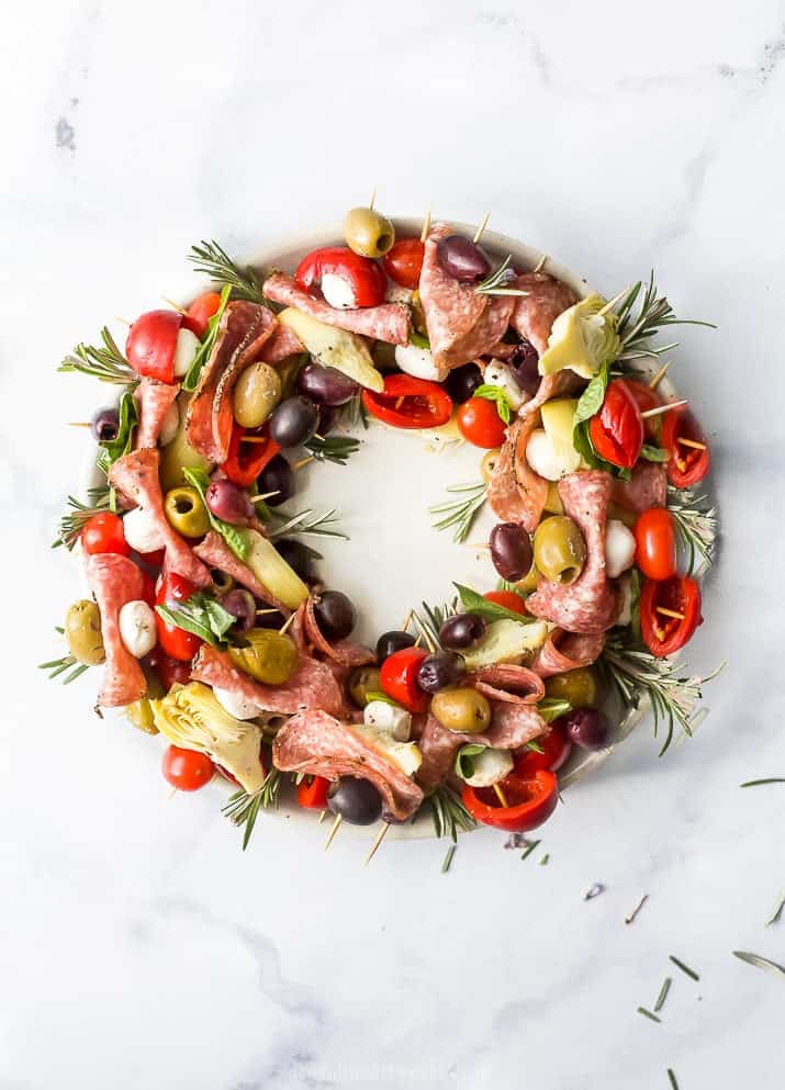 overhead photo of christmas wreath antipasto skewer