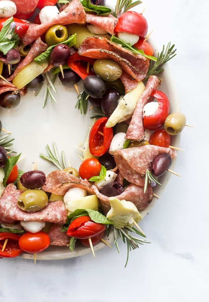 overhead close up photo of christmas wreath antipasto skewers