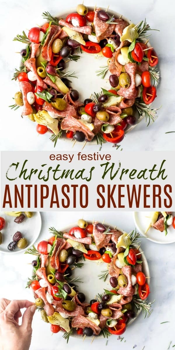 pinterest pin for christmas wreath antipasto skewers