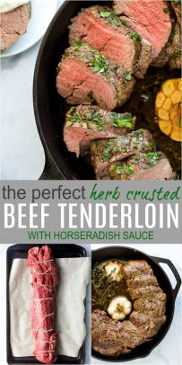 pinterest pin for easy herb crusted beef tenderloin with horseradish sauce