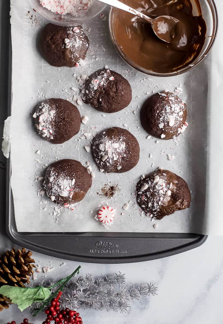 overhead photo of gluten free peppermint chocolate cookies on a baking sheet
