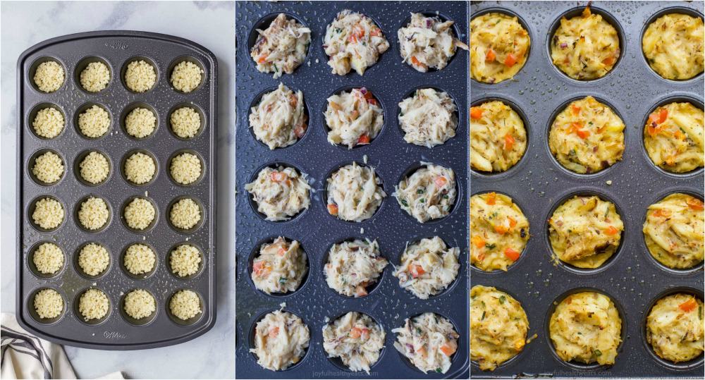 process photos of mini baked crab cakes being made