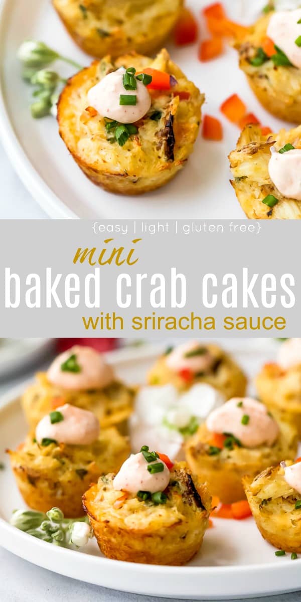 pinterest photo of mini baked crab cakes with sriracha sauce