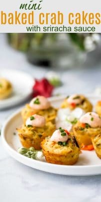 pinterest photo of mini baked crab cakes with sriracha sauce