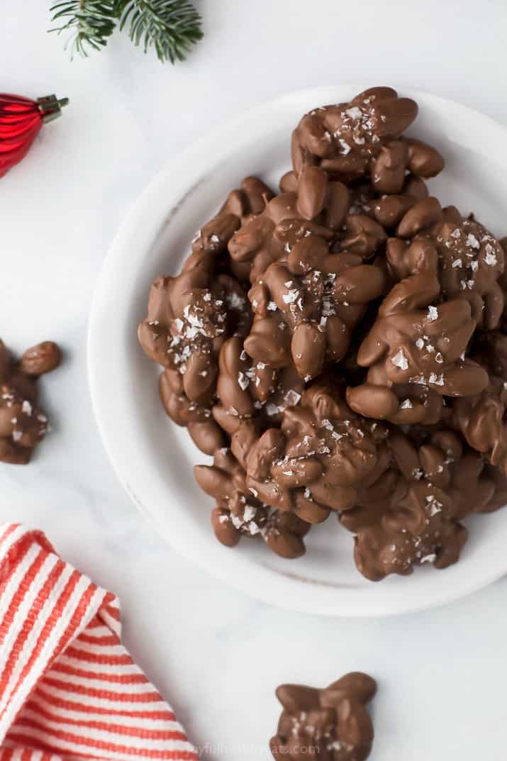 close up photo of Sweet & Salty Chocolate Toasted Almond Clusters on a plate