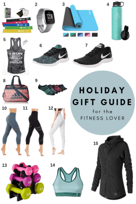 A Holiday Gift Guide for the Fitness lover, everything you need to kick your new year off with a healthy start! Yoga pants, sports bras, gym bags, high quality water bottles, and my favorite running shoes!