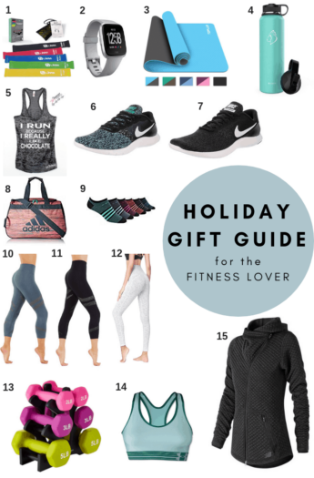 A Holiday Gift Guide for the Fitness lover, everything you need to kick your new year off with a healthy start! Yoga pants, sports bras, gym bags, high quality water bottles, and my favorite running shoes!