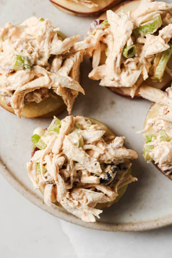 Cranberry chicken salad on sliced apples.