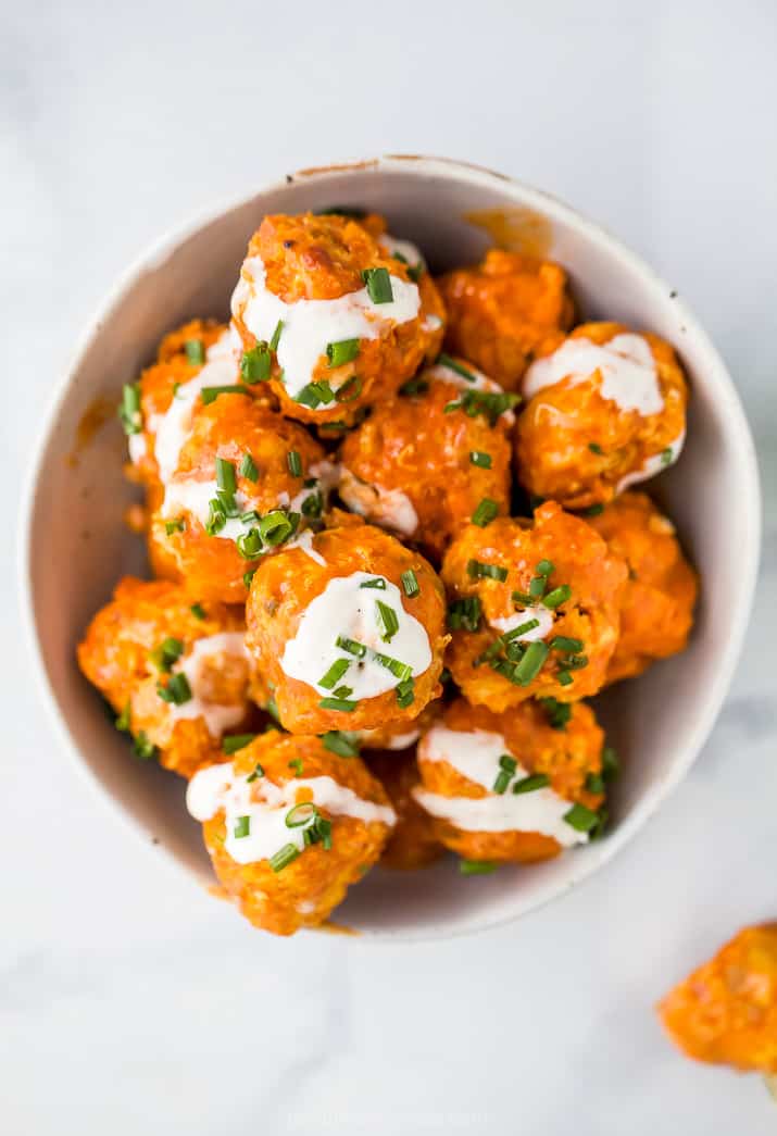 pile of crock pot buffalo chicken meatballs in a bowl