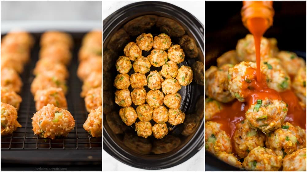 process photos of how crock pot buffalo chicken meatballs are made