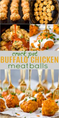 pinterest image for crock pot buffalo chicken meatballs recipe