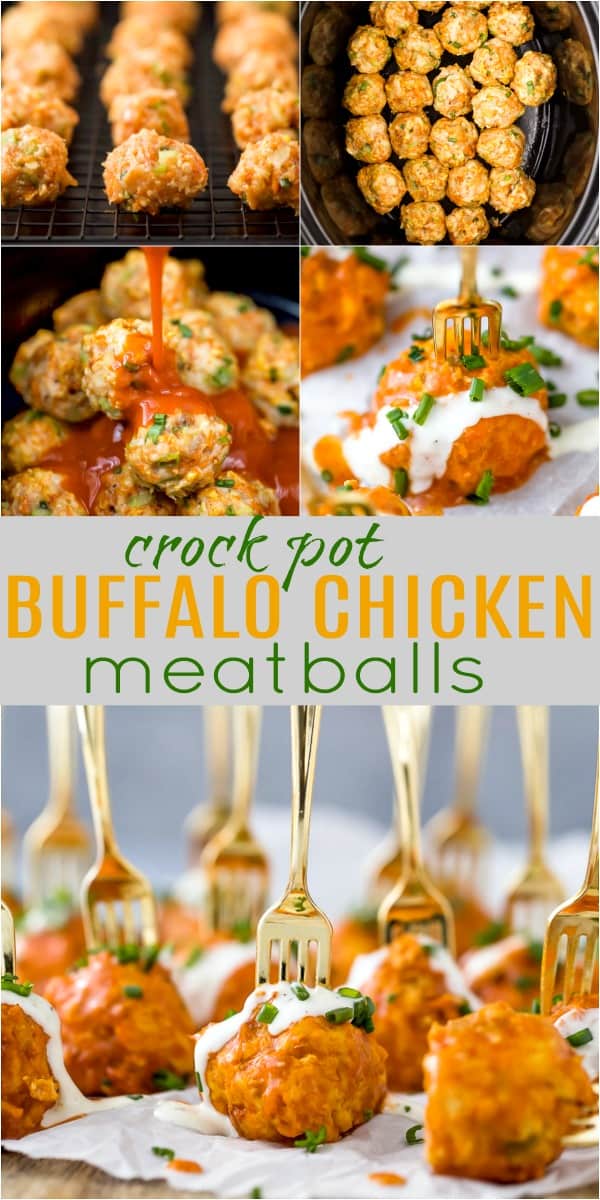 pinterest image for crock pot buffalo chicken meatballs