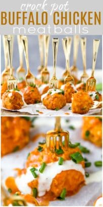 pinterest image for easy crockpot buffalo chicken meatballs