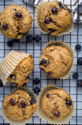 picture of healthy banana blueberry muffins on a cooling rack