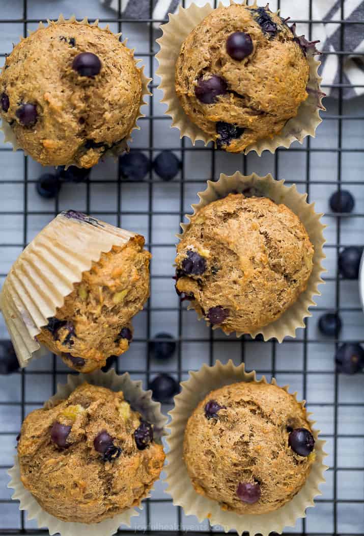 picture of healthy banana blueberry muffins on a cooling rack