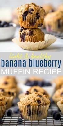 pinterest image for healthy banana blueberry muffins