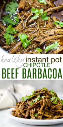 pinterest image of healthy instant pot chipotle beef barbacoa recipe