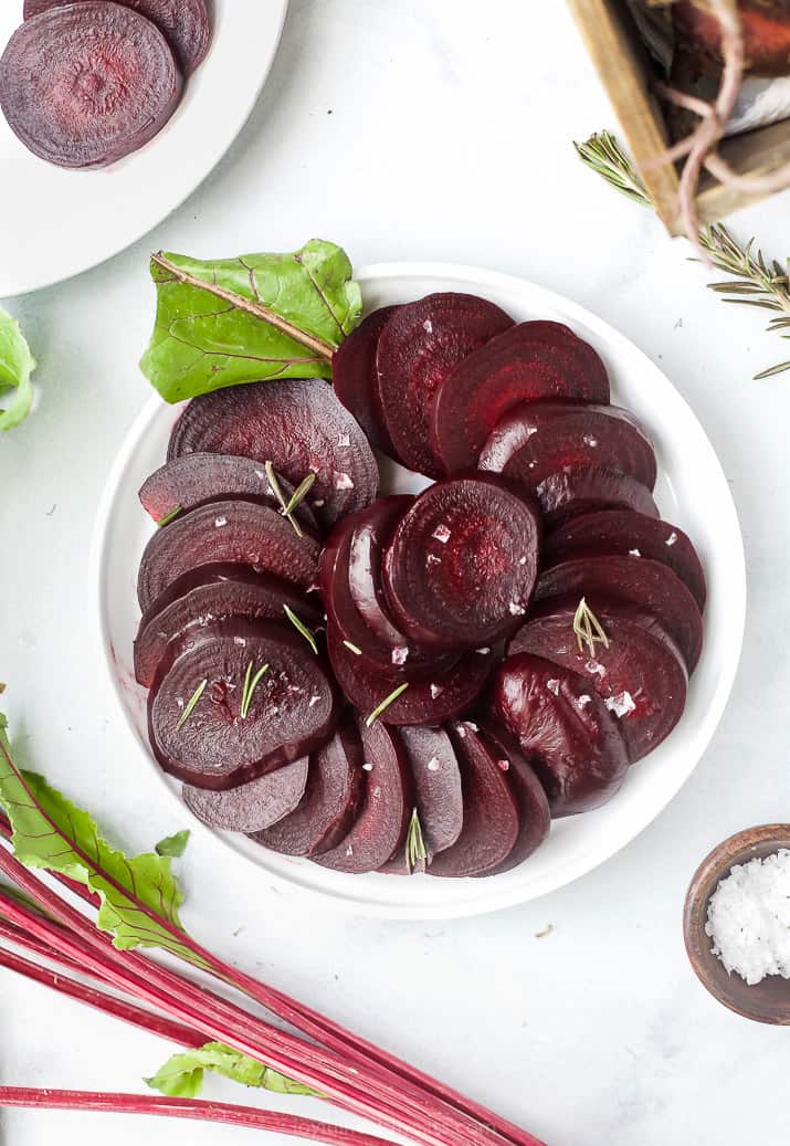 overhead photo of cooked beets in the instant pot