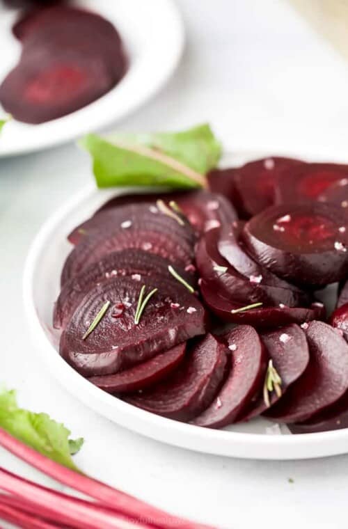 sliced beets on a plate that have been cooked in the instant pot