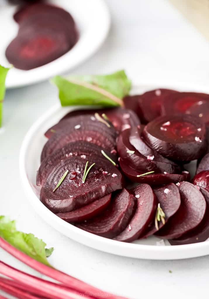 sliced beets on a plate that have been cooked in the instant pot