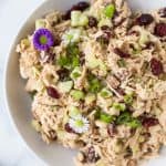 close up photo of Light and Easy 15 Minute Cranberry Chicken Salad Recipe in a serving bowl