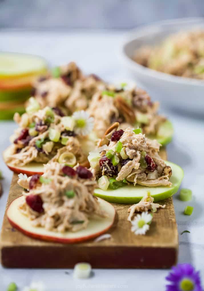 Light and Easy 15 Minute Cranberry Chicken Salad Recipe on an apple sliced served on a cutting board